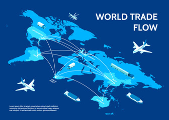Country maps isometric flowchart. World trade flow