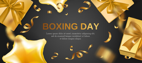 Realistic gift horizontal banner template for boxing day with golden gift boxes and confetti on black