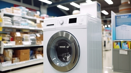 Washing machine in the home appliance store - obrazy, fototapety, plakaty