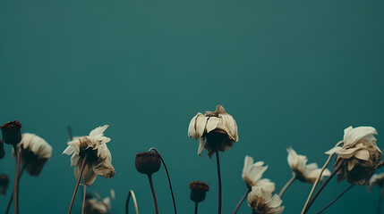 Withered floral background, dark withered and dry flowers on blue green soft background with copy space, nostalgic, melancholy mood - obrazy, fototapety, plakaty