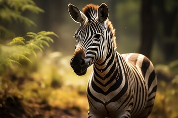 Natures contrast zebras portrait against the greenery of the forest - obrazy, fototapety, plakaty