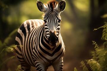 Natures contrast zebras portrait against the greenery of the forest