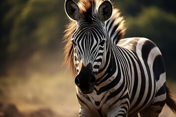 Naklejka premium Zebras beauty a detailed portrait against the backdrop of the forest