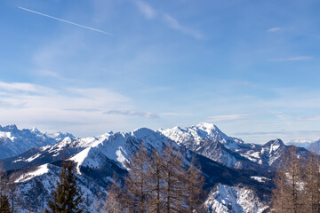 Panoramic view on snow capped mountain peaks of Karawanks and Julian Alps in Carinthia, Austria....