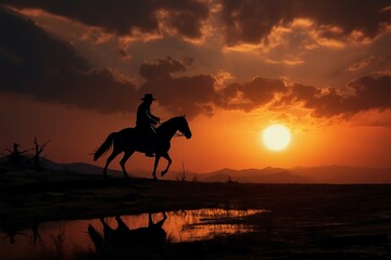 Sunset trail a Wrangler and horse silhouette against a stunning evening sky