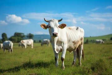 Naklejka na ściany i meble Grazing idyll cows enjoying bright green grass in the meadow