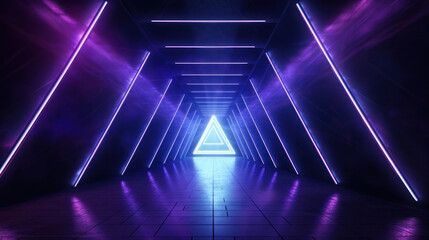 Futuristic Neon Triangle Portal in a Vibrant Purple Corridor - Gateway to Another Dimension - obrazy, fototapety, plakaty