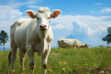 Fototapeta na wymiar Meadow encounter a white cow captivates in the green expanse