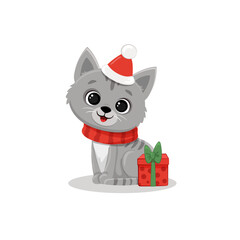 Cute cartoon kitten and gift box Isolated on white. Christmas Illustration for design, banners, children's books and patterns. Funny cat in santa hat. Vector illustration