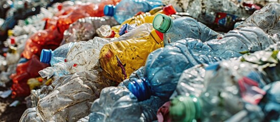 PET bottles gathered in bundles for reprocessing, forming a heap of plastic waste. - obrazy, fototapety, plakaty