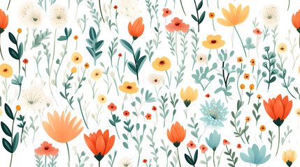 Garden watercolor floral seamless wallpaper background, wildflowers, leaves, buds for crafts, fabric, textile, wallpaper, scrapbooking, wrapping, art projects