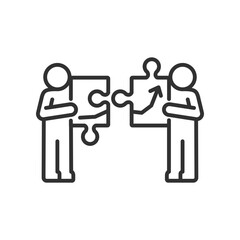 Cooperation of people for success, linear icon. Two people putting a puzzle together with a chart upward. A cooperative effort to achieve success and growth. Line with editable stroke