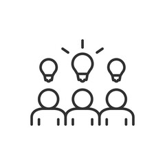 Ideas and brainstorming, linear icon. People and the light bulb overhead. Line with editable stroke