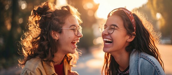 Teen girl telling funny news to her friend causing laughter. - obrazy, fototapety, plakaty