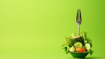 A close-up image showcasing a fork with a delicious ensemble of healthy food - obrazy, fototapety, plakaty
