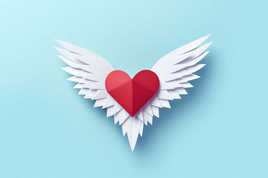 Crafted heart with layered paper wings on pastel blue background. Greeting card designs for anniversaries, weddings, or Valentine's Day, banner with space for text. For charity and insurance programs.