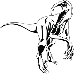 Cartoon Black and White Isolated Illustration Vector Of A Raptor Dinosaur