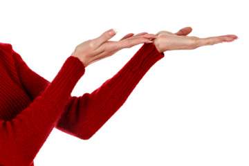 Closeup shot of female hands presenting something, isolated on white background