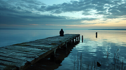 Dusk Pier Contemplation:  A lone figure sitting at the end of a pier, staring out into the tranquil waters as the day fades into Blue Monday evening