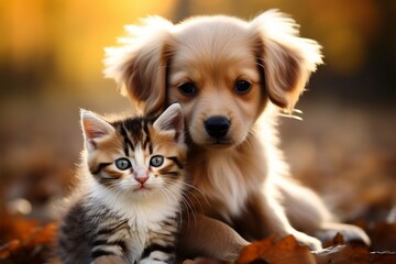 Obraz premium Cute companions kitty and puppy share endearing moments, forming an adorable duo