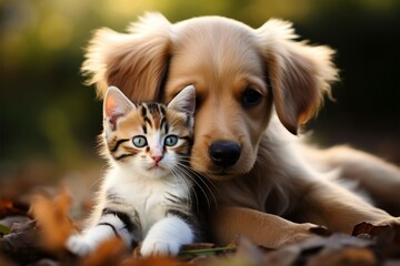 Fototapeta na wymiar Cute companions kitty and puppy share endearing moments, forming an adorable duo