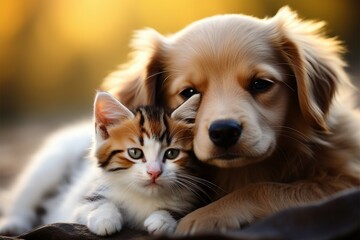 Cute companions kitty and puppy share endearing moments, forming an adorable duo