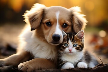 Fototapeta na wymiar Harmony in fur a kitty and puppy create a heartwarming scene together