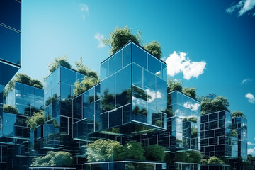 Umweltfreundliches Wohnen, Ökologisches und energieeffiziente Immobilie mit begrünten Fassaden, grünes Arbeiten - obrazy, fototapety, plakaty