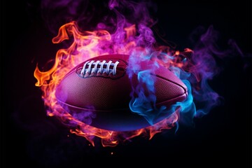 Luminous haze surrounds the American football, casting a vibrant neon glow