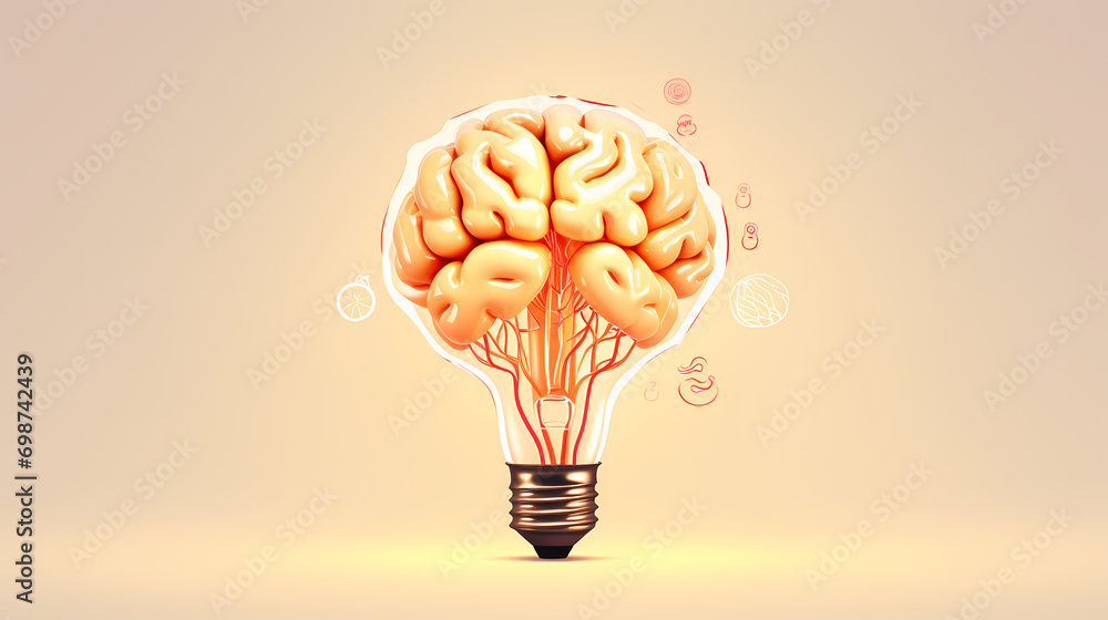 Poster creative idea of brain inside light bulb with idea or brainstorming concept on beige background