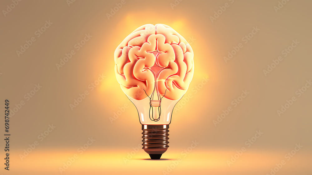 Poster creative idea of brain inside light bulb with idea or brainstorming concept on beige background