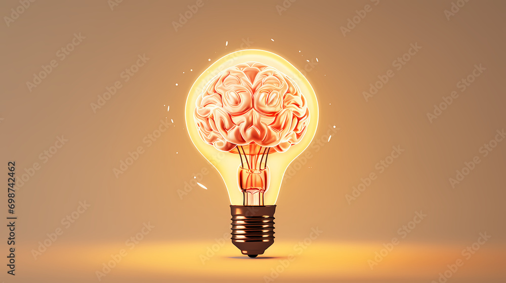 Poster creative idea of brain inside light bulb with idea or brainstorming concept on beige background