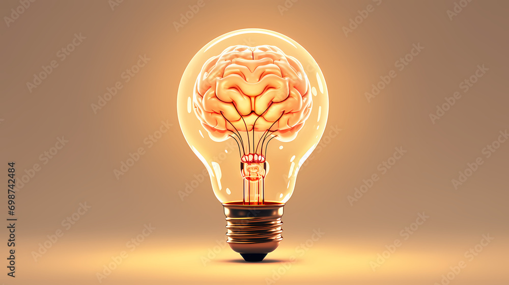 Poster creative idea of brain inside light bulb with idea or brainstorming concept on beige background