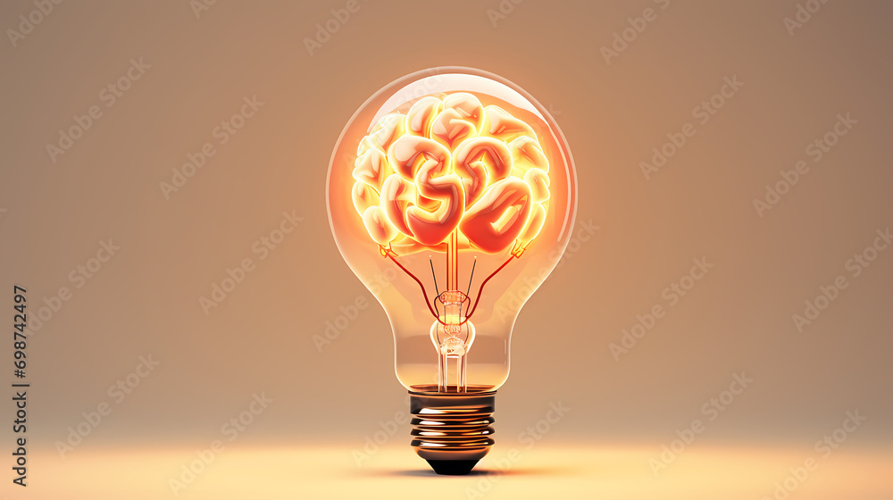 Poster creative idea of brain inside light bulb with idea or brainstorming concept on beige background