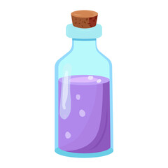 Lavender oil for spa treatments and aromatherapy. Glass bottle with lilac liquid. Vector illustration in flat style isolated on white background. Vector illustration