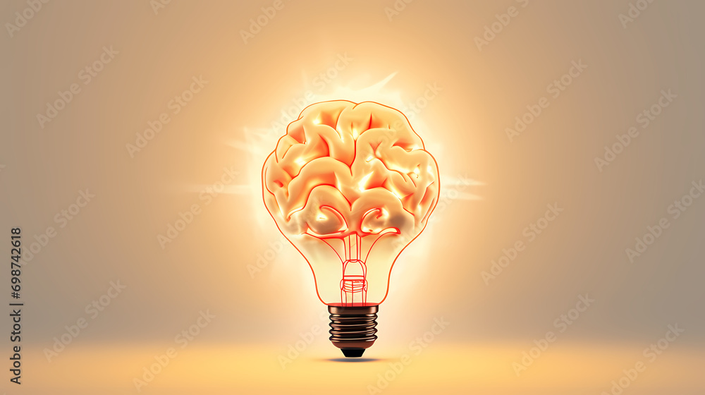 Poster creative idea of brain inside light bulb with idea or brainstorming concept on beige background
