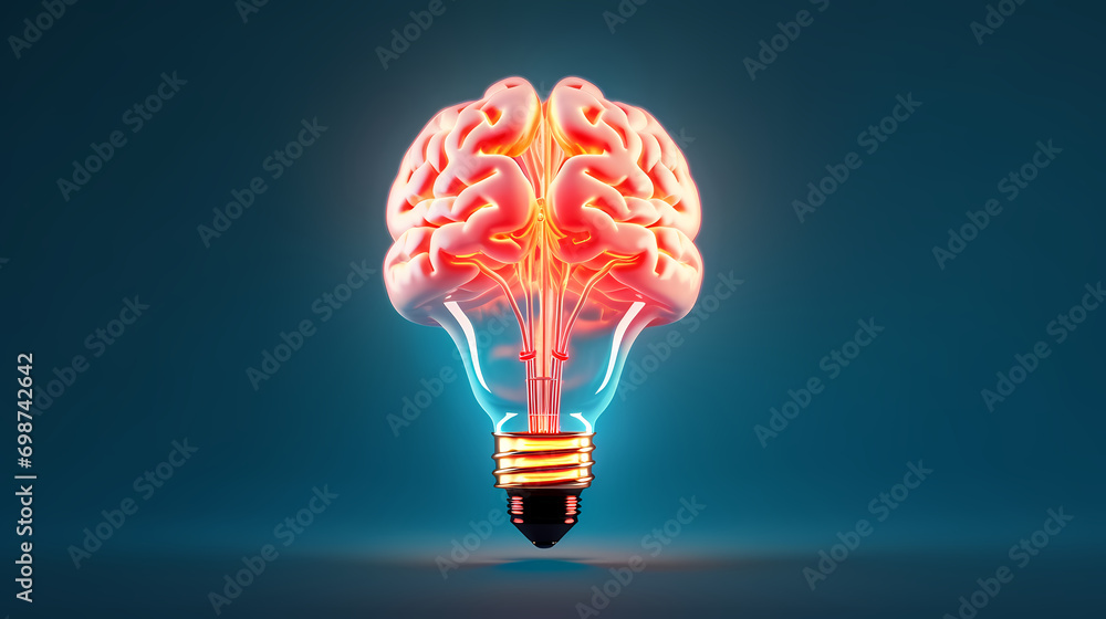 Poster creative idea of brain inside light bulb with idea or brainstorming concept on beige background