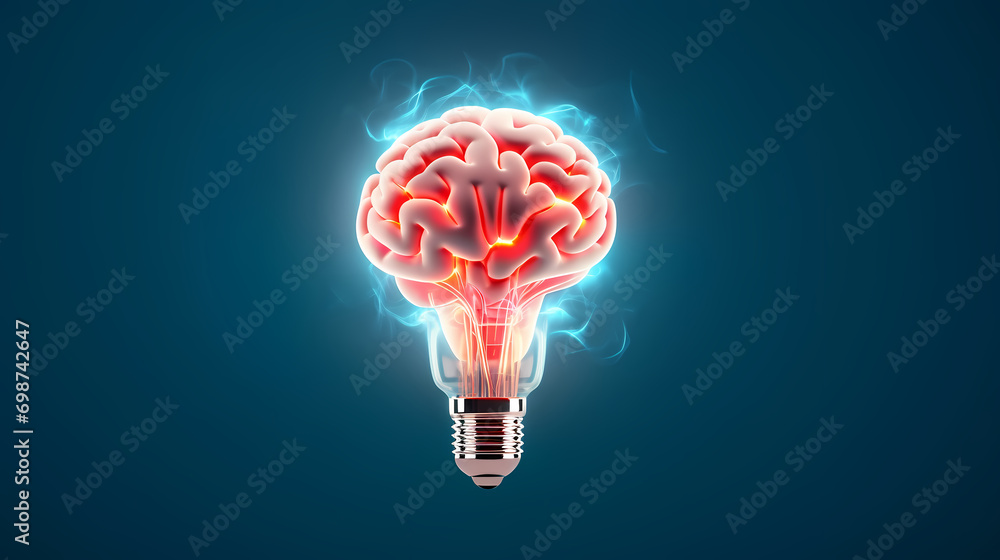 Poster creative idea of brain inside light bulb with idea or brainstorming concept on beige background