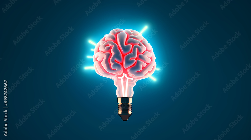 Poster creative idea of brain inside light bulb with idea or brainstorming concept on beige background
