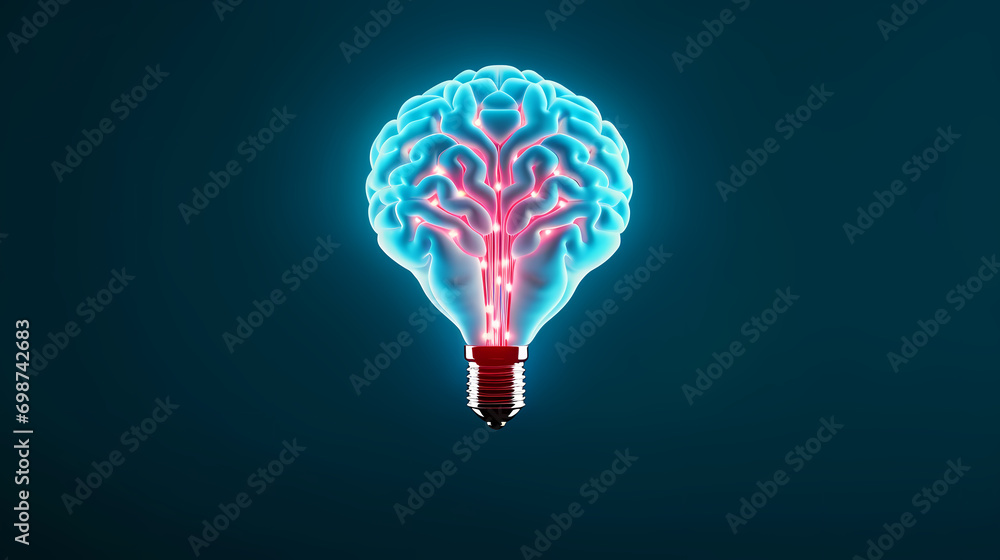Poster creative idea of brain inside light bulb with idea or brainstorming concept on beige background