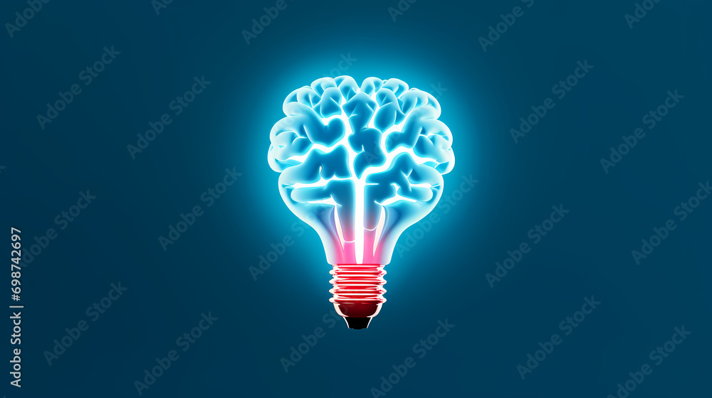 Poster creative idea of brain inside light bulb with idea or brainstorming concept on beige background