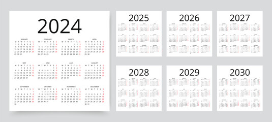 2024, 2025, 2026, 2027, 2028, 2029, 2030 calendars. Calender templates. Week starts Monday. Desk planner layout. Yearly diary with 12 month in simple design. Organizer in English. Vector illustration - obrazy, fototapety, plakaty