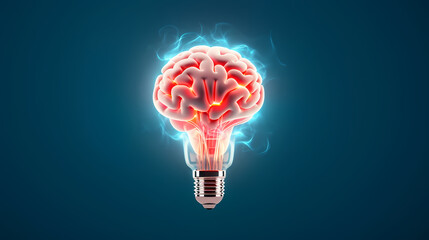 Creative idea of brain inside light bulb with idea or brainstorming concept on beige background - obrazy, fototapety, plakaty