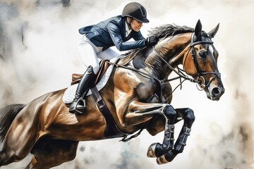 Watercolor painting of hunter jumper equestrian equipment and horse riding sports. Generative AI - obrazy, fototapety, plakaty