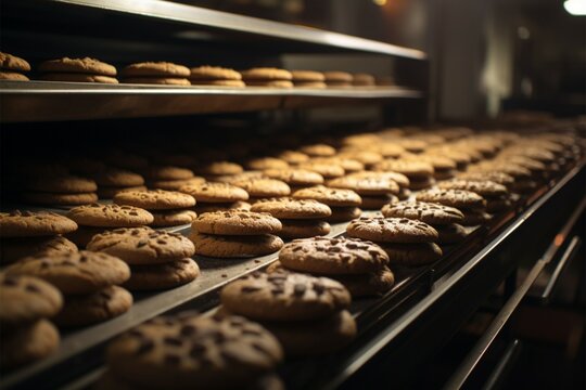 Chocolate cookie factory line crafts delicious treats with precision and mouthwatering efficiency