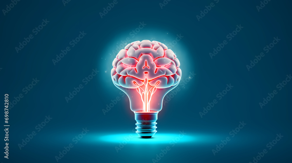 Poster creative idea of brain inside light bulb with idea or brainstorming concept on beige background