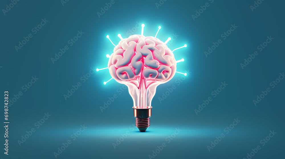 Poster creative idea of brain inside light bulb with idea or brainstorming concept on beige background