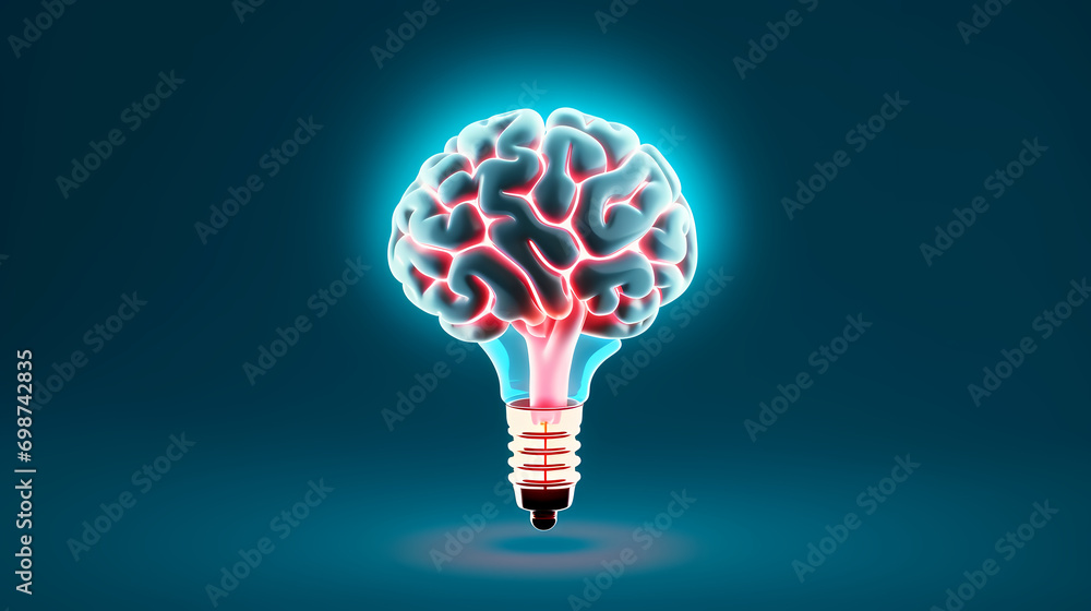 Poster creative idea of brain inside light bulb with idea or brainstorming concept on beige background