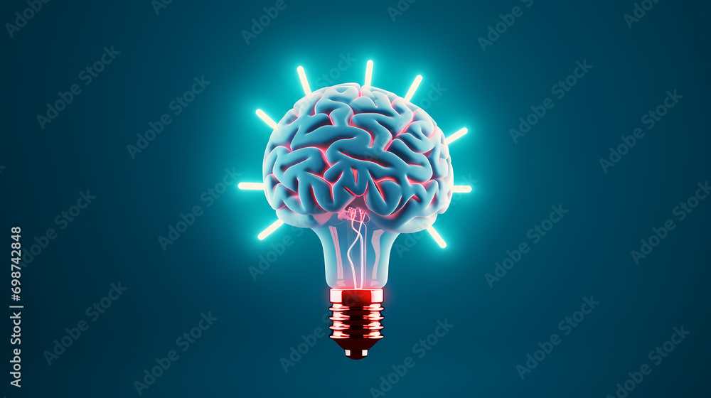 Poster creative idea of brain inside light bulb with idea or brainstorming concept on beige background