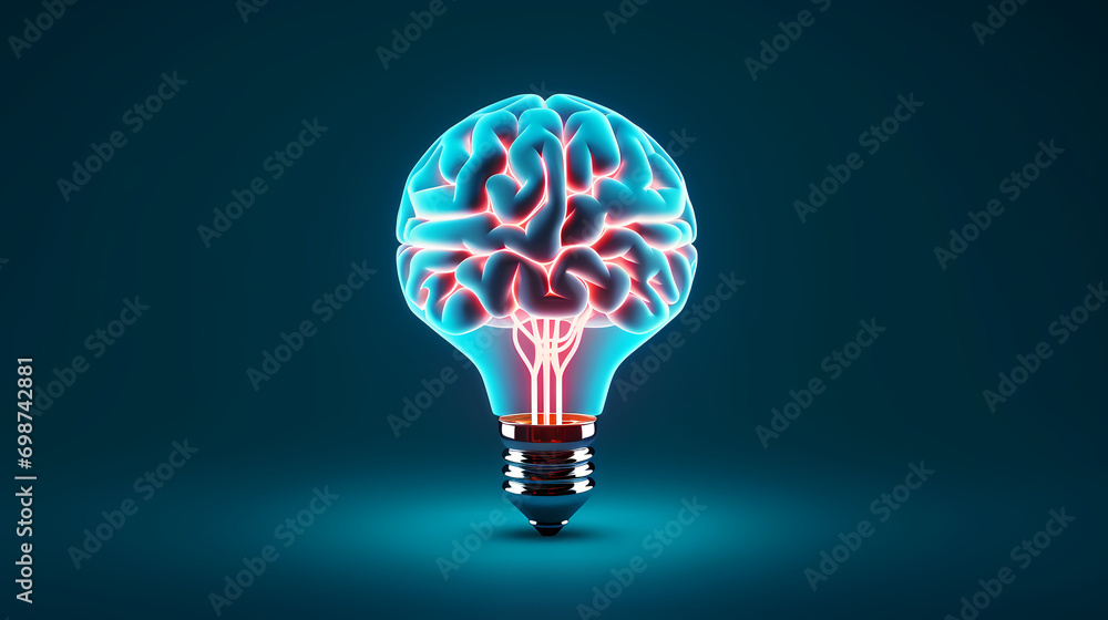 Poster creative idea of brain inside light bulb with idea or brainstorming concept on beige background